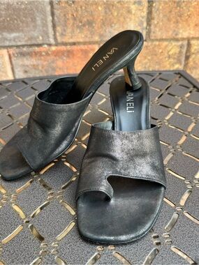 Vaneli Cruz Toe Black Metalic Leather Slide Mules